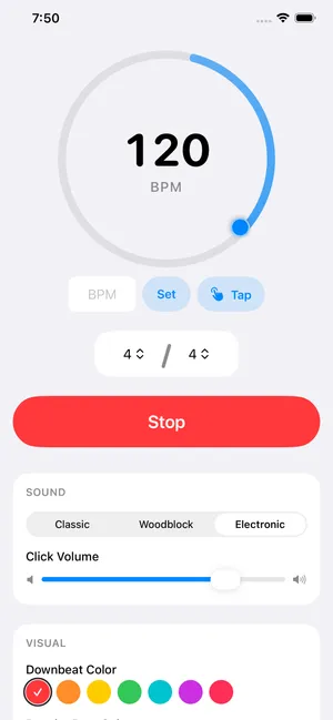 Click Me In running a click track with visual beat feedback