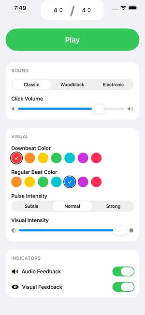 Click Me In sound and visual settings, including click sound, colors, and intensity