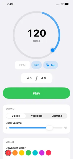 Click Me In tempo screen with BPM dial, tap tempo, and time signature selection